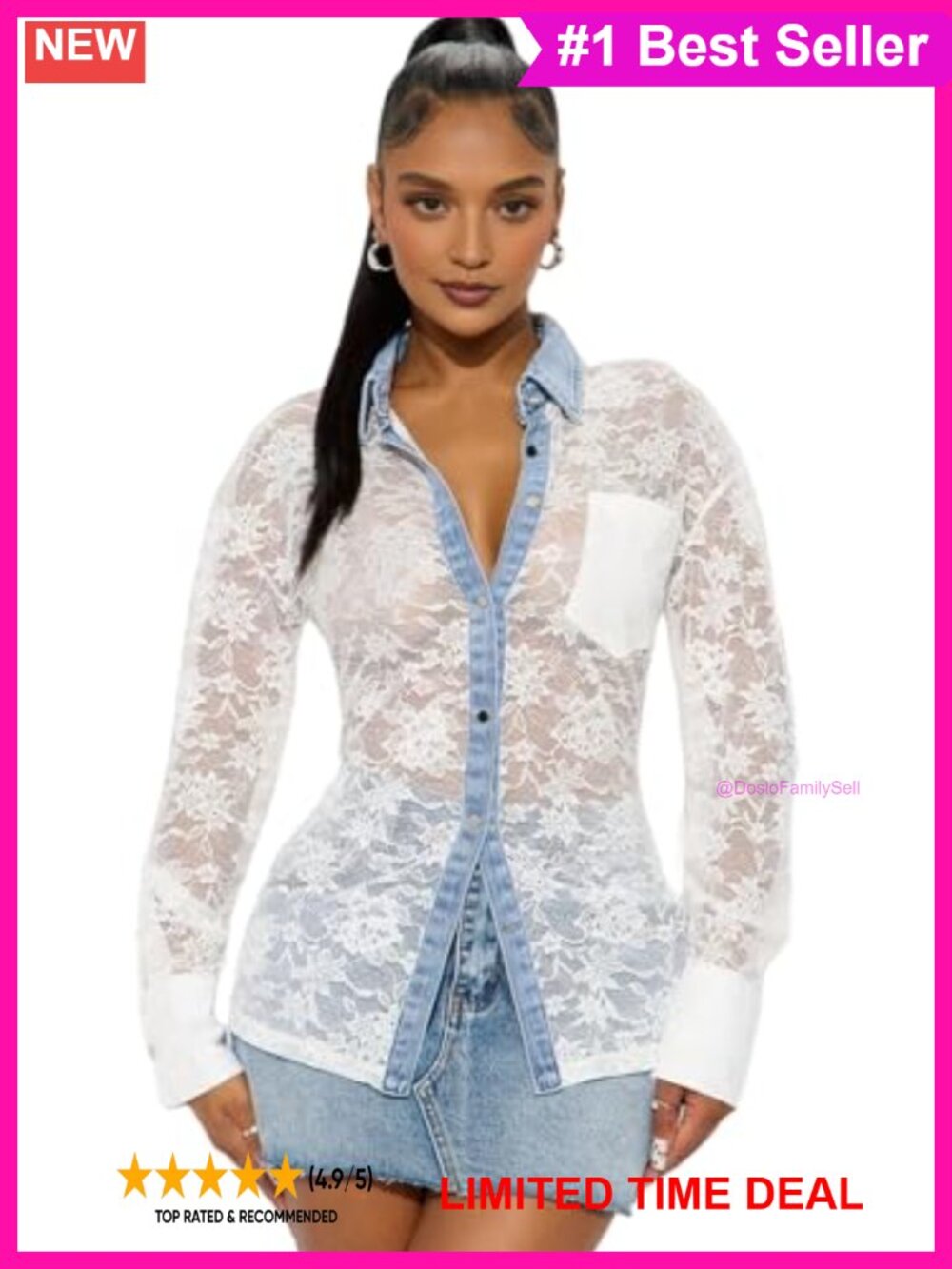 Denim Patchwork Lace Button Down Blouse Long Sleeve Sheer Floral Women's Top
